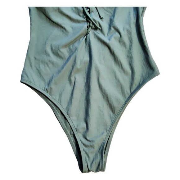 Xhilaration One Piece Swimsuit Women's Medium Green Lace Up Low Back Swimwear - Picture 5 of 8